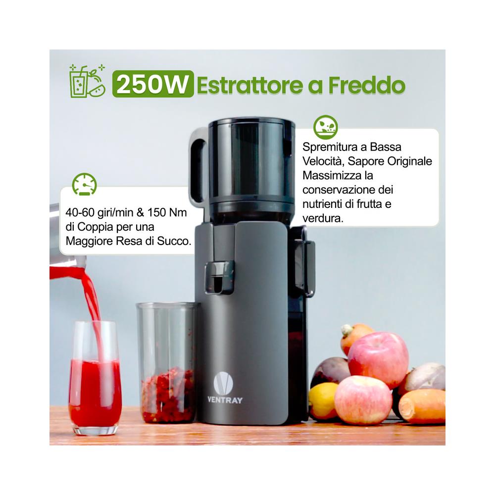 Estrattore di Succo a Freddo, Estrattore Lento a Bocca Larga da 120mm, Sistema a Doppia Filtrazione per Alta Resa di Succo, Senza BPA, 250W, Capacità 1.2L - Nero - Foto 2