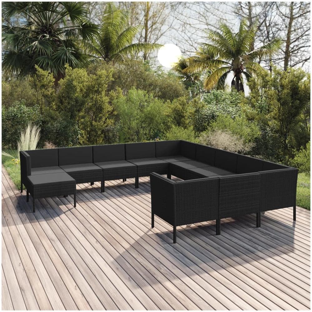 Set Divano Da Giardino 4 Pezzi In Polyrattan Nero - Con Cuscini, Tavolino E Pouf - Foto 5