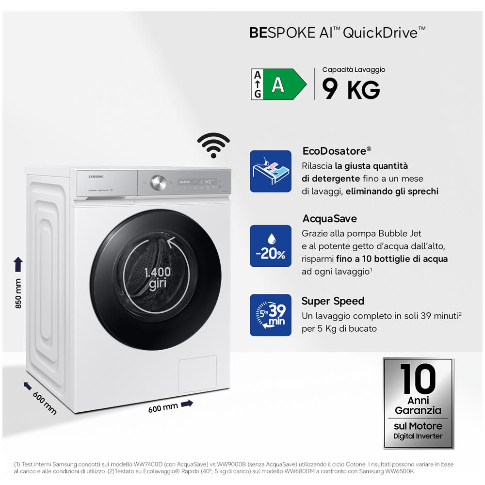 WW90DB8U95GH lavatrice Caricamento frontale 9 kg 1400 Giri /min Bianco - Foto 3