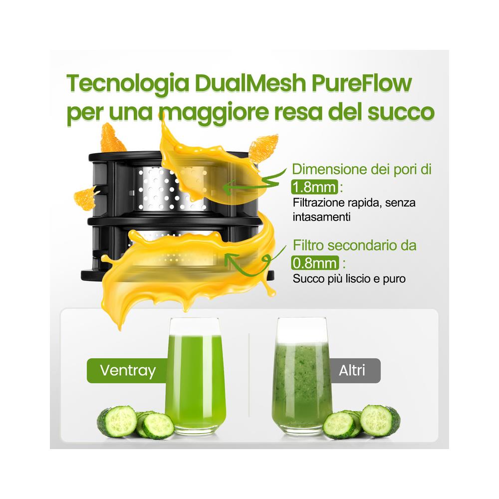 Estrattore di Succo a Freddo, Estrattore Lento a Bocca Larga da 120mm, Sistema a Doppia Filtrazione per Alta Resa di Succo, Senza BPA, 250W, Capacità 1.2L - Avorio - Foto 2