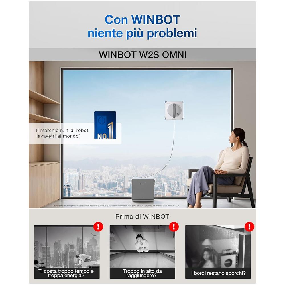 WINBOT W2S OMNI Robot Lavavetri con Stazione Multifunzione, Pulizia Intelligente da Bordo a Bordo con TruEdge™, Ricarica Durante l'uso, Nebulizzazione a 3 Ugelli, Protezione a 12 Livelli - Foto 2