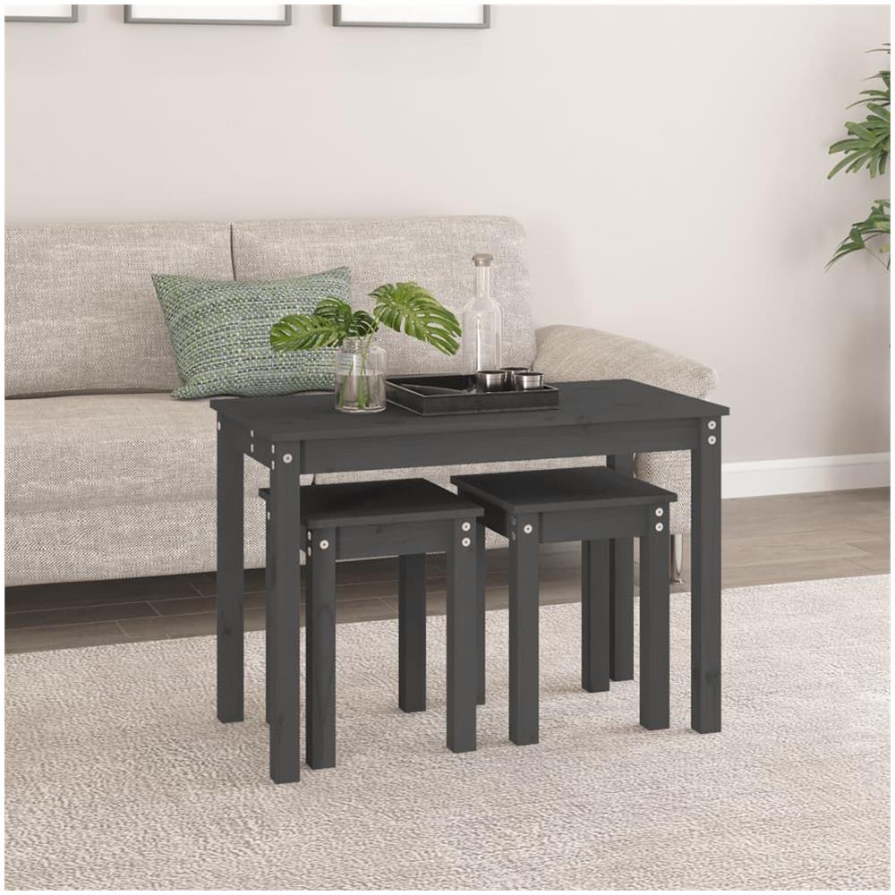 Tavolini A Incastro 3 Pz Grigio In Legno Massello Di Pino - Foto 3