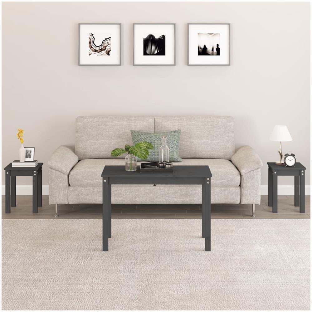 Tavolini A Incastro 3 Pz Grigio In Legno Massello Di Pino - Foto 1