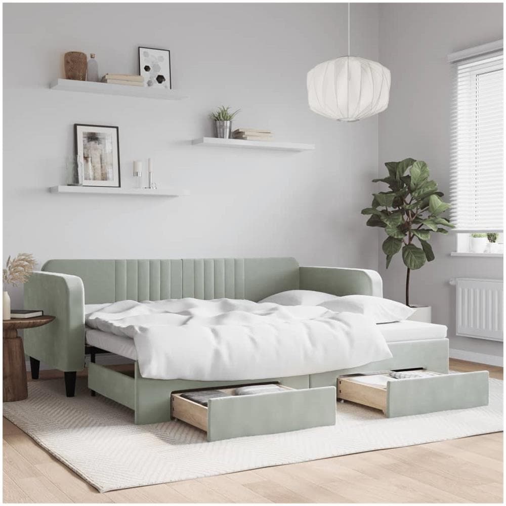 Divano Letto Estraibile Cassetti Grigio Chiaro 90x200cm Velluto - Foto 1