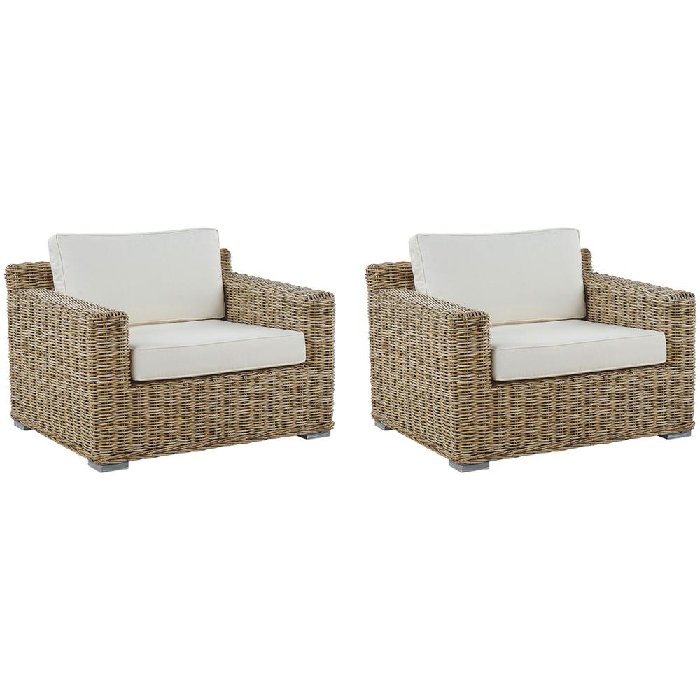 Set Di 2 Poltrone Da Giardino Rattan Marrone Chiaro Cuscini Bianco Crema Ardea - Foto 1