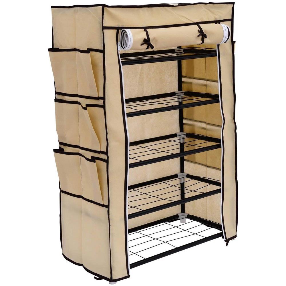 Scarpiera Salvaspazio 6 Ripiani 18 Paia Scaffale Acciaio E Tessuto Tnt Beige - Foto 1