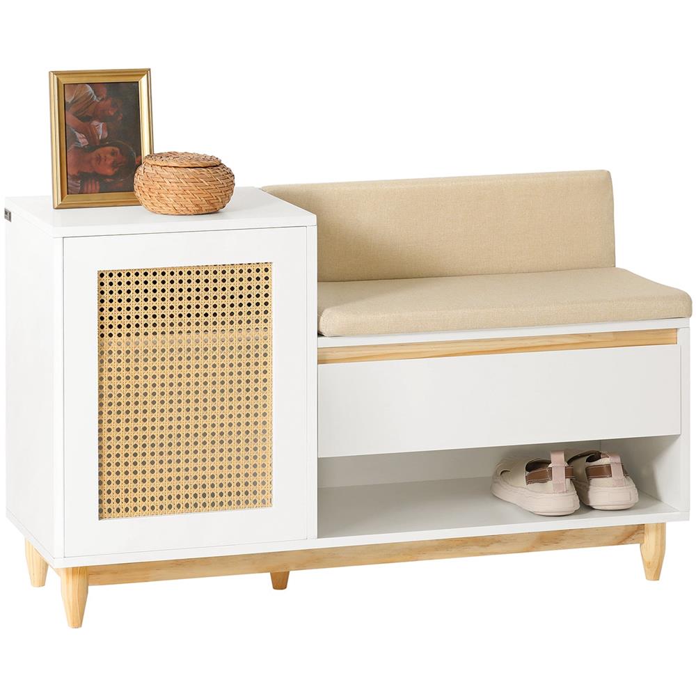 Scarpiera In Rattan Da Ingresso, Scarpiera Con Vano Contenitore, Scarpiera Decorativa Portascarpe Con Panca In Legno, 100x35x60cm Fsr128-w - Foto 1