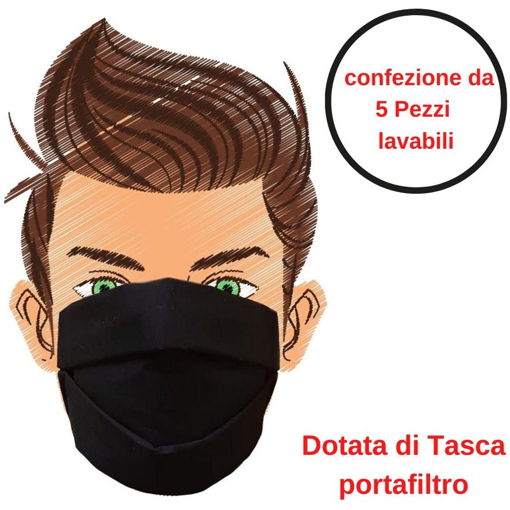 Mascherina Di Protezione Nera 5 Pezzi Riutilizzabile E Lavabile Cotone 100% Con Elastici - Foto 1