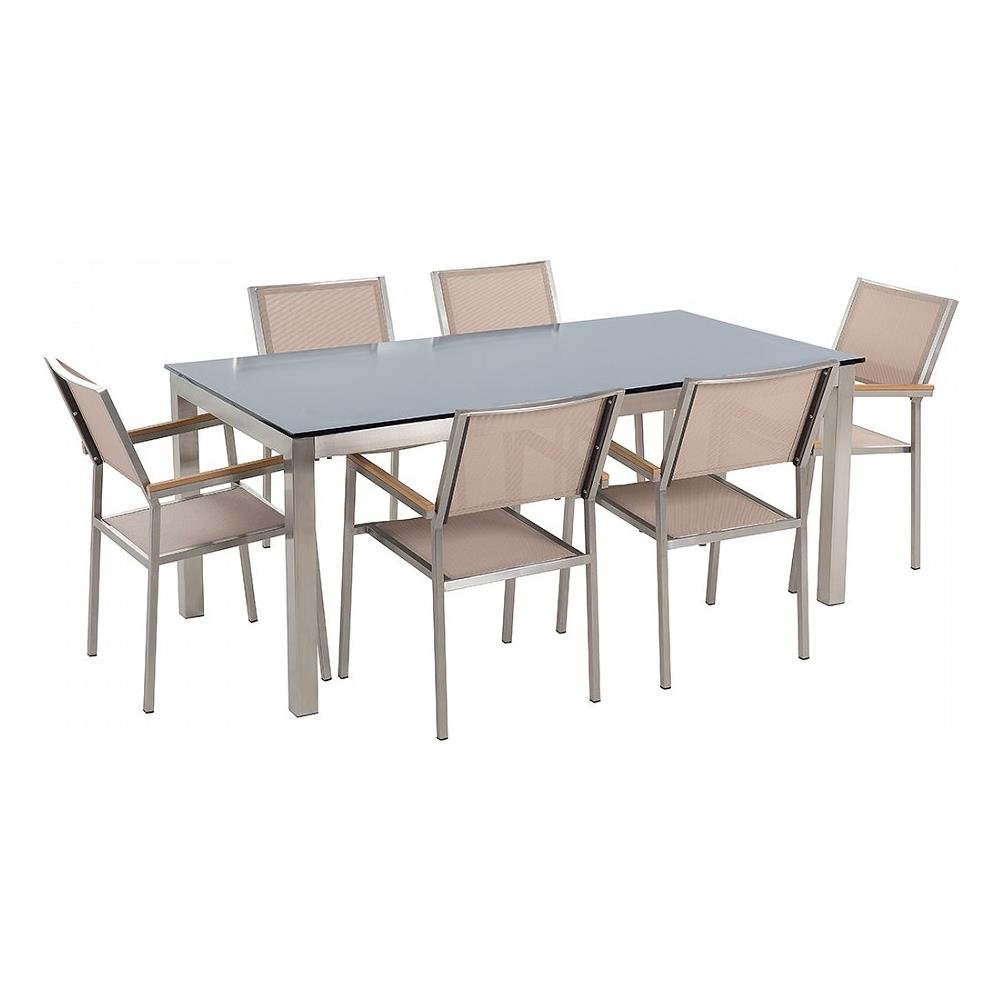 Set Tavolo E Sedie Da Giardino - In Vetro Temperato Nero E Fibra Tessile Beige - Tavolo 180 Con 6 Sedie - Grosseto - Foto 1