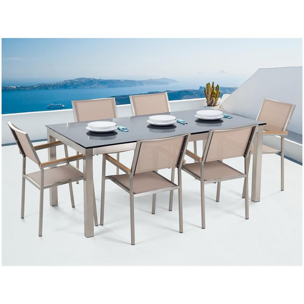 Set Tavolo E Sedie Da Giardino - In Vetro Temperato Nero E Fibra Tessile Beige - Tavolo 180 Con 6 Sedie - Grosseto - Foto 2