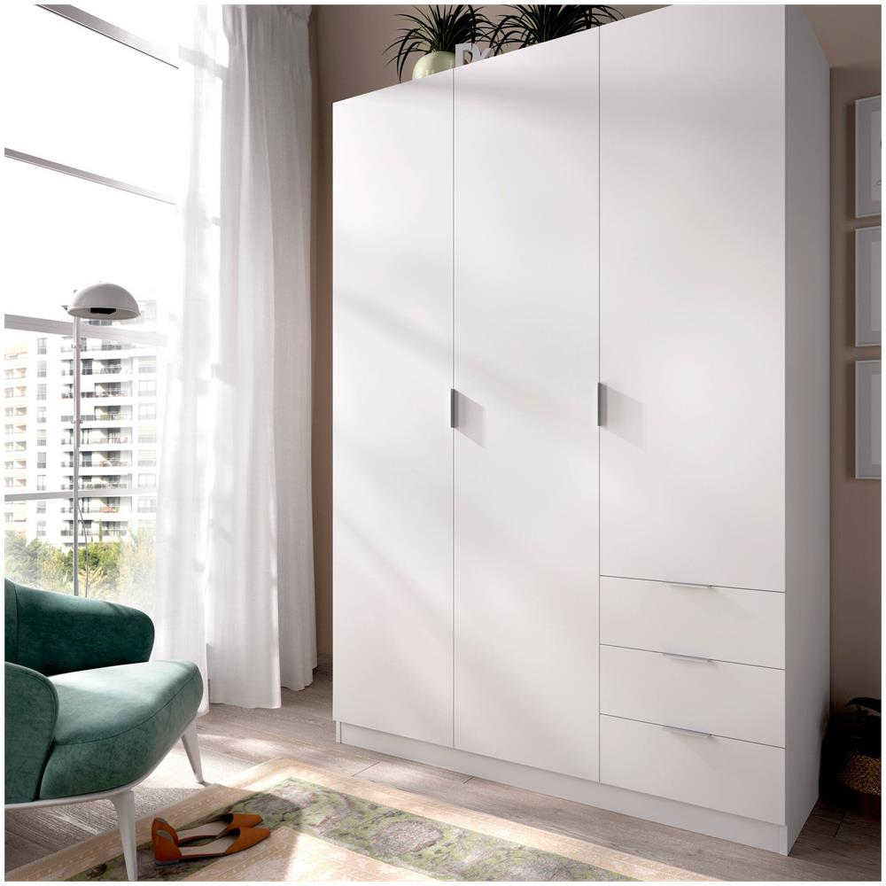 Guardaroba Cimone, Mobile Appendiabiti Per Camera Da Letto, Armadio A 3 Ante Battenti E 3 Cassetti, 121x52h184 Cm, Bianco - Foto 1