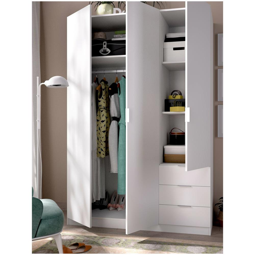 Guardaroba Cimone, Mobile Appendiabiti Per Camera Da Letto, Armadio A 3 Ante Battenti E 3 Cassetti, 121x52h184 Cm, Bianco - Foto 4