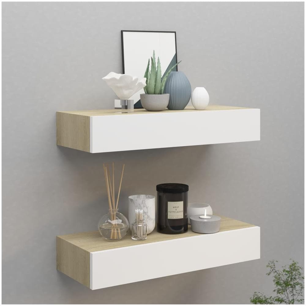 Scaffali A Muro Con Cassetti 2pz Bianco Rovere 60x23,5x10cm Mdf - Foto 1