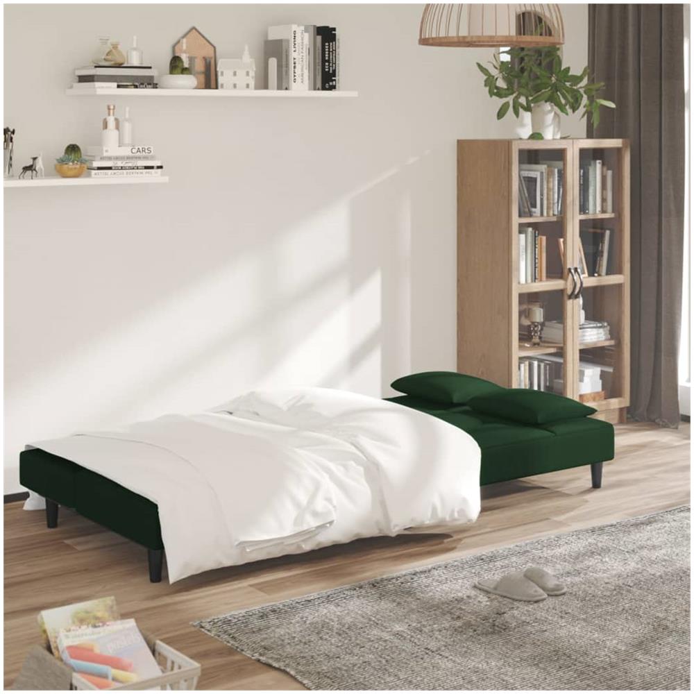 Divano Letto A 2 Posti Con 2 Cuscini Verde Scuro In Velluto - Foto 2