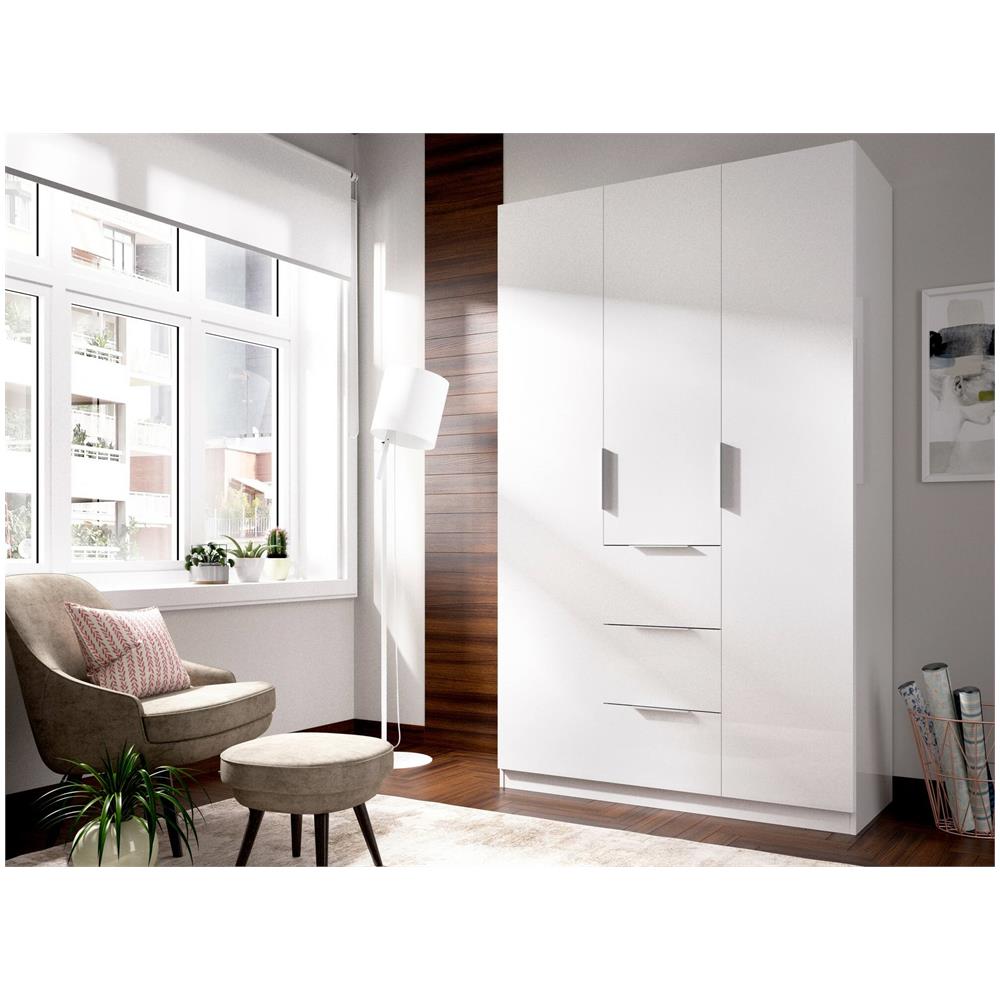 Guardaroba Falterona, Mobile Appendiabiti Per Camera Da Letto, Armadio A 3 Ante Battenti E 3 Cassetti, 135x52h204 Cm, Bianco - Foto 1