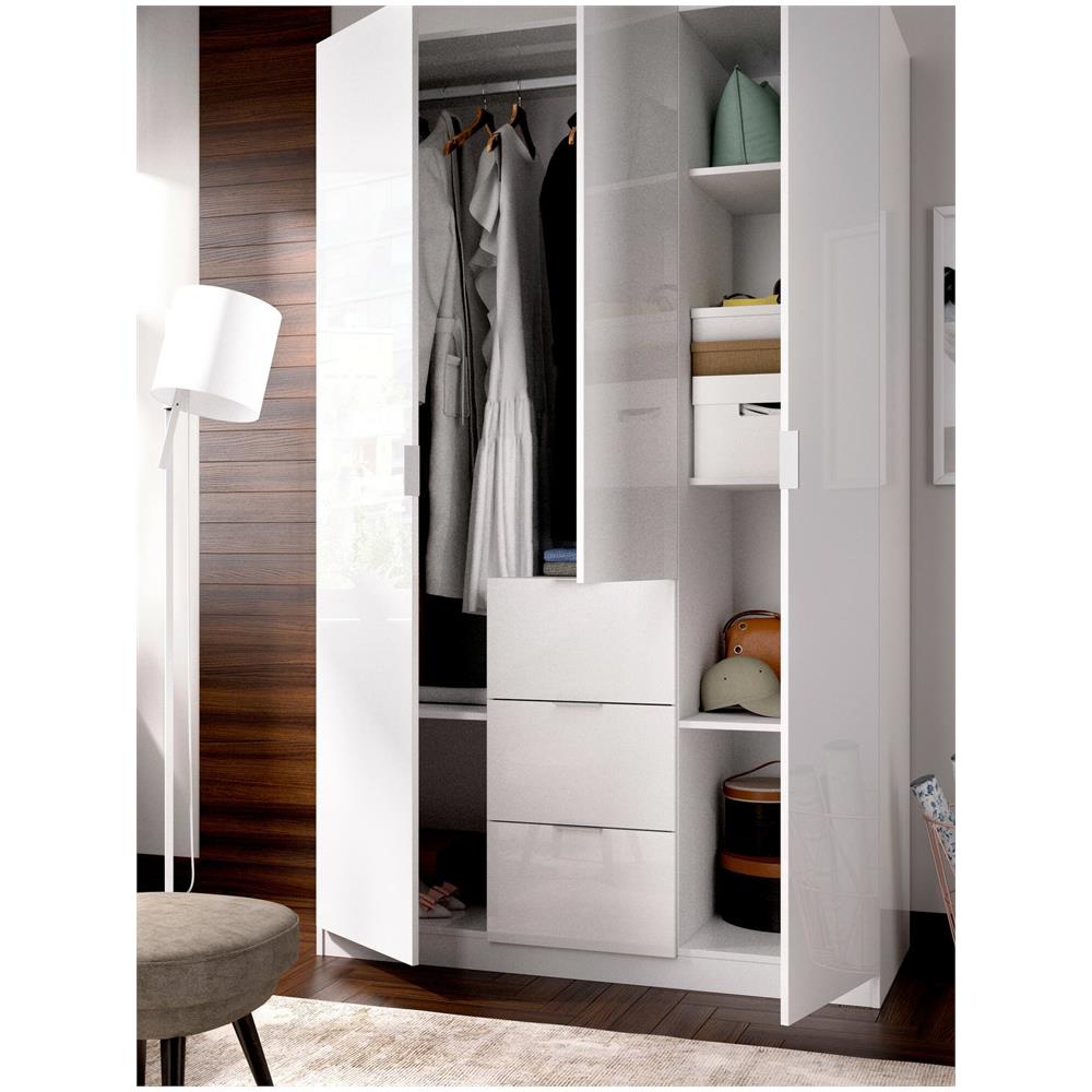Guardaroba Falterona, Mobile Appendiabiti Per Camera Da Letto, Armadio A 3 Ante Battenti E 3 Cassetti, 135x52h204 Cm, Bianco - Foto 4