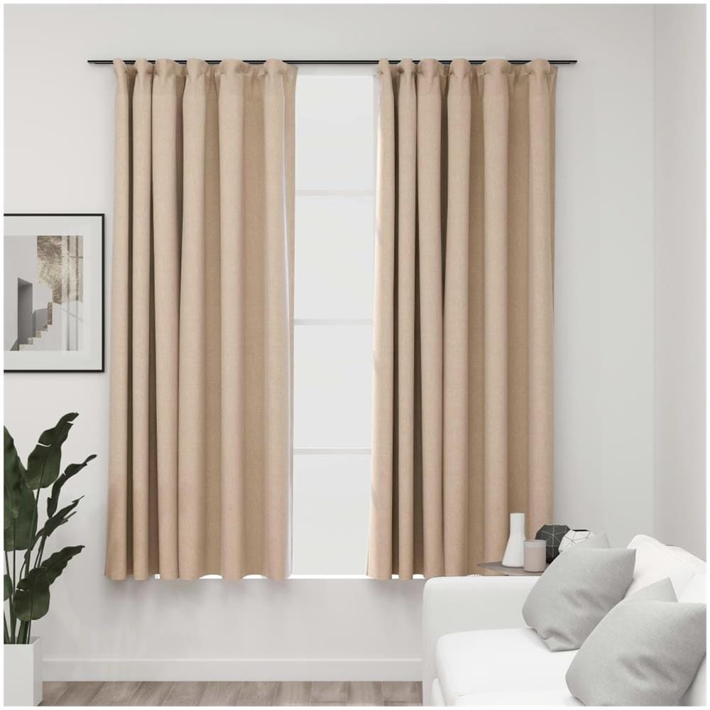 Tende Oscuranti con Ganci Effetto Lino 2 pz Beige 140x175 cm - Foto 1