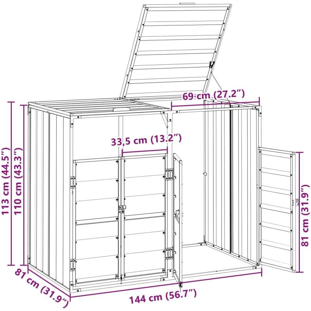Copribidone Ruote per 2 Bidoni Antracite 144x81x113 cm Acciaio - Foto 10