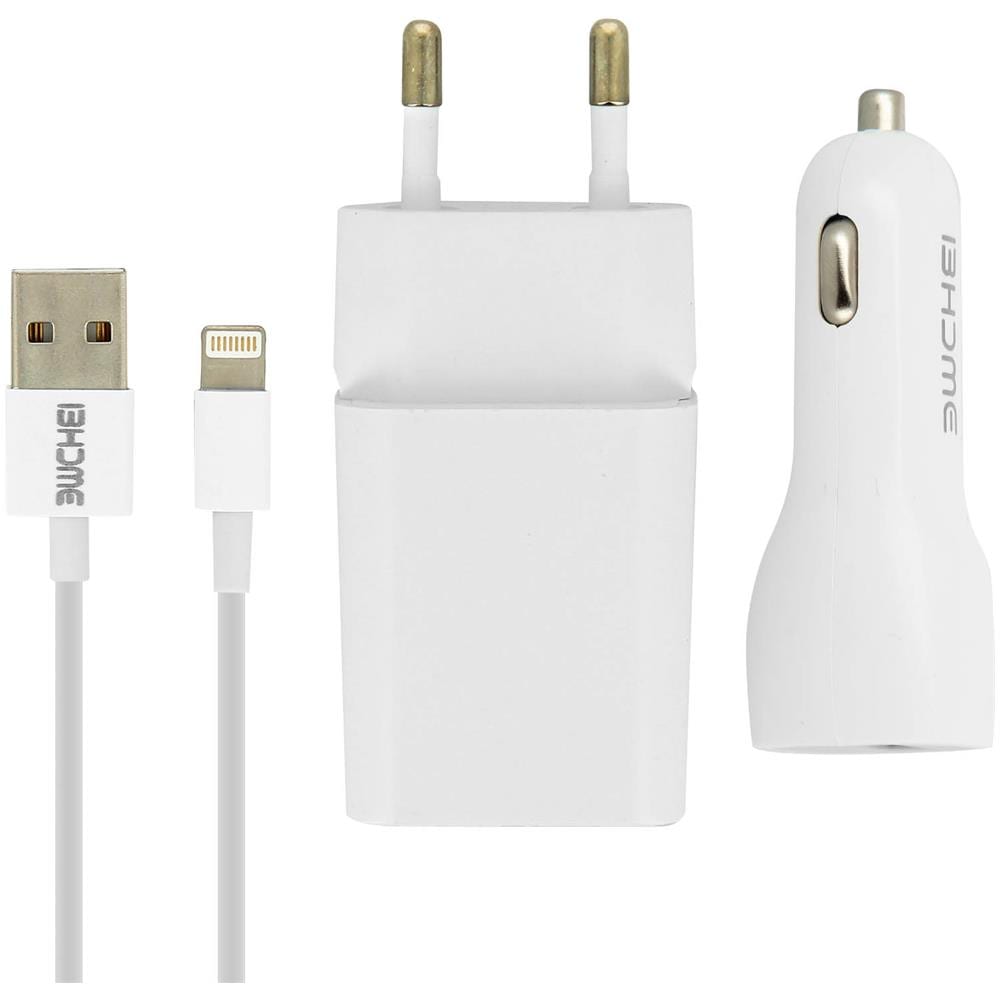 Kit Caricabatteria 2.1a + Caricatore Auto 2.1a + Cavo Iphone / Ipad 1m - Bianco - Foto 1
