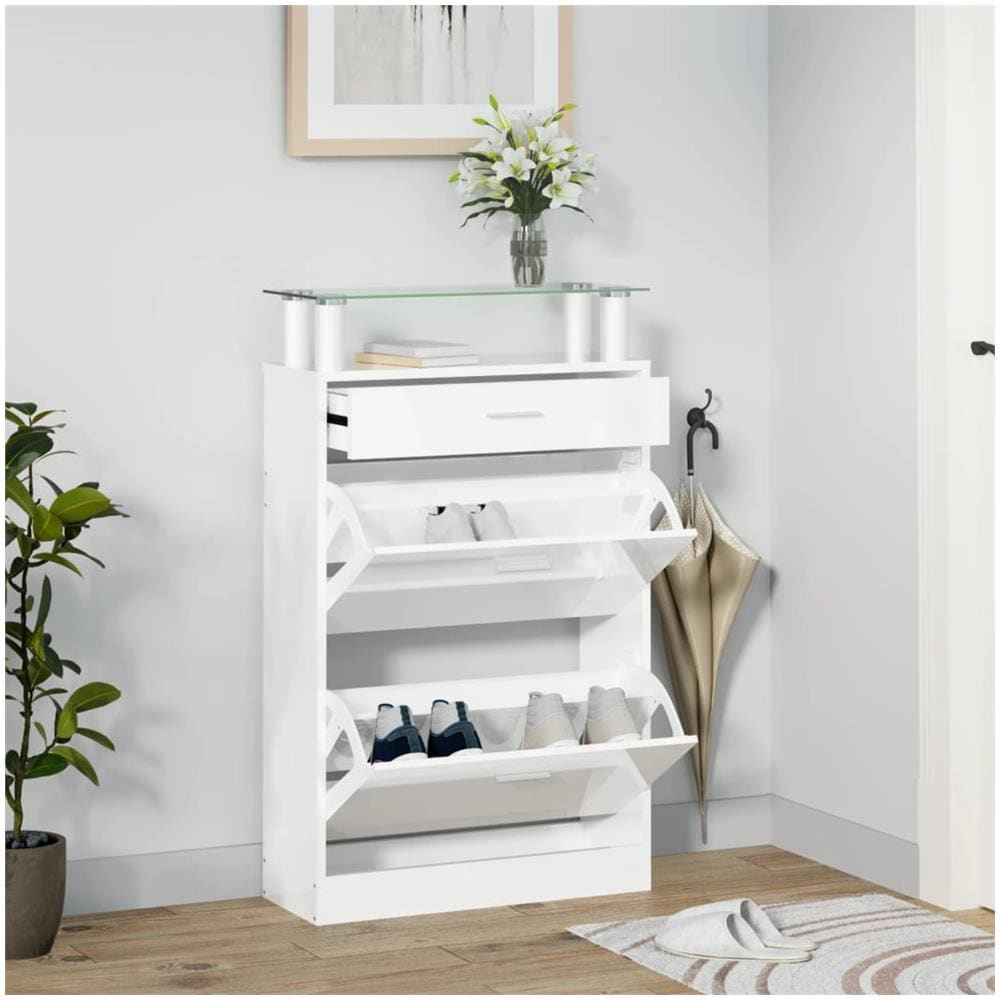 Scarpiera Bianco Lucido 63x24x104 Cm In Legno Multistrato - Foto 1