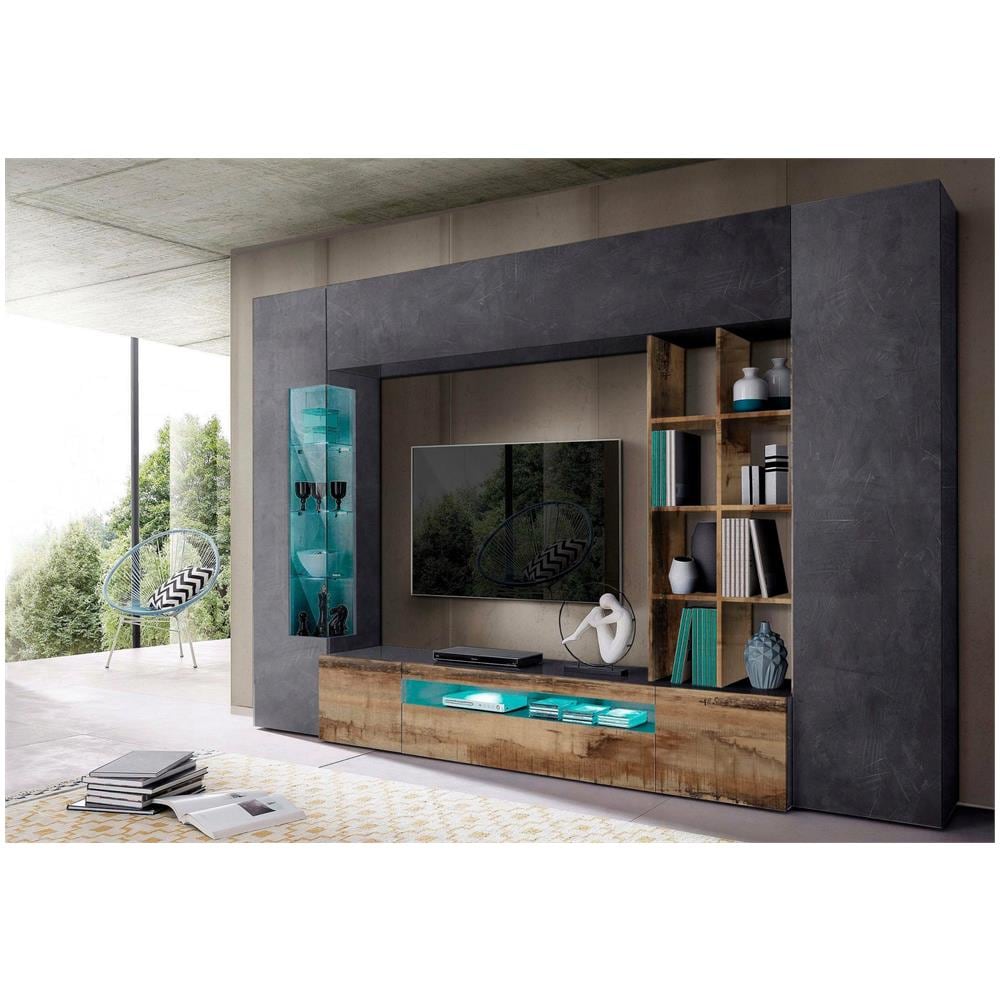 Parete Attrezzata Ocean, Set Salotto Porta Tv, Mobile Soggiorno Multiuso Con Luce Led, 100% Made In Italy, Cm 290x40h192, Ardesia E Acero - Foto 1