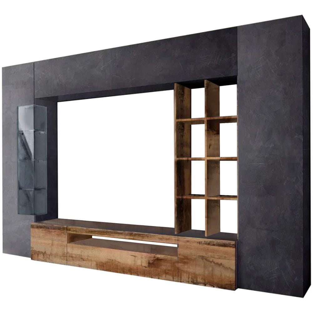 Parete Attrezzata Ocean, Set Salotto Porta Tv, Mobile Soggiorno Multiuso Con Luce Led, 100% Made In Italy, Cm 290x40h192, Ardesia E Acero - Foto 2