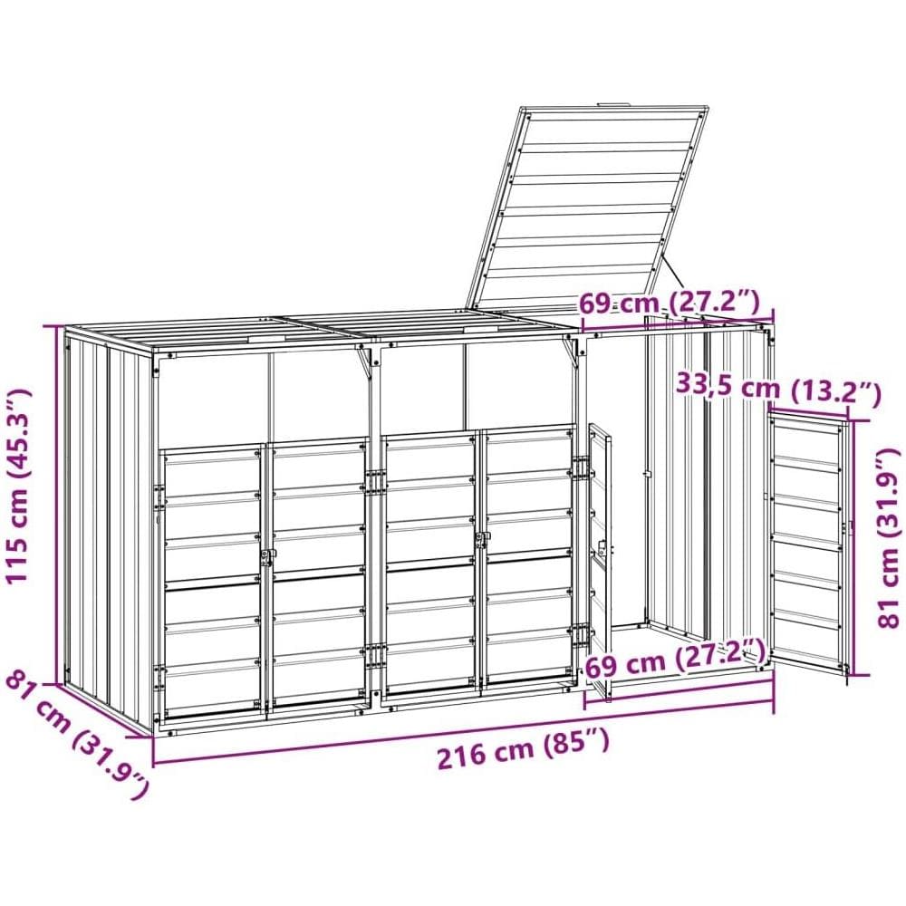 Copribidone con Ruote per 3 Bidoni Grigio 216x81x115 cm Acciaio - Foto 10