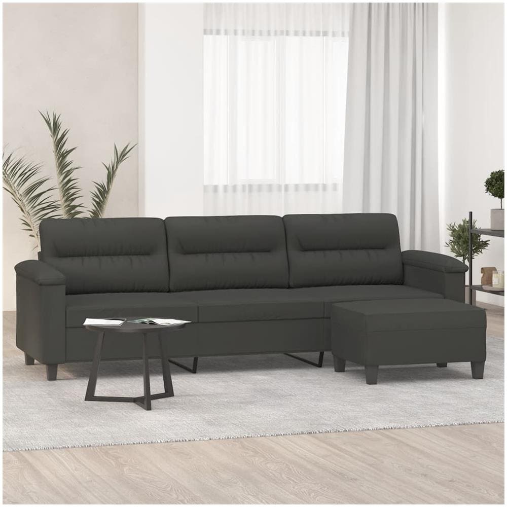 Divano A 3 Posti Con Poggiapiedi Grigio Scuro 210 Cm Microfibra - Foto 1