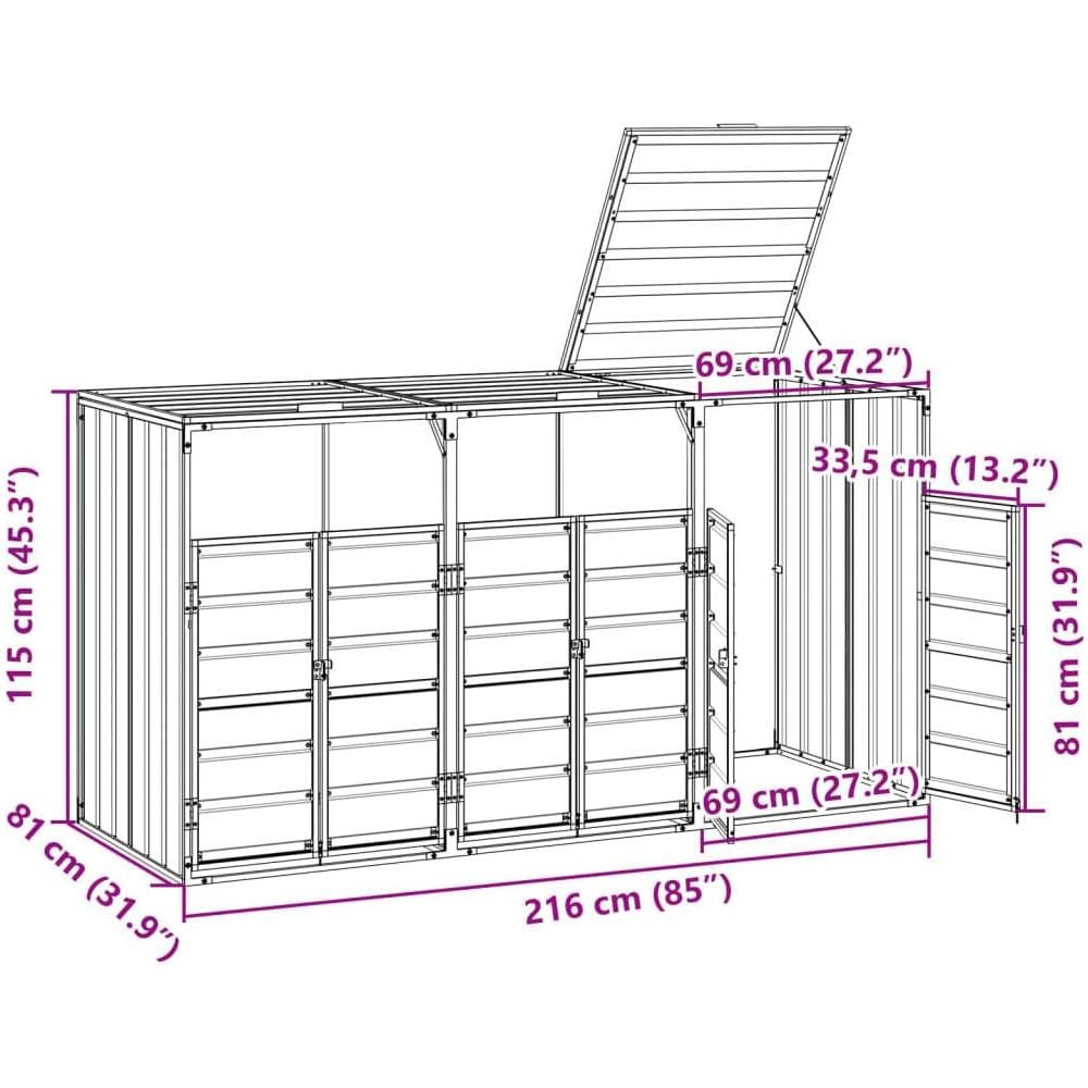 Copribidone Ruote per 3 Bidoni Antracite 216x81x115 cm Acciaio - Foto 10