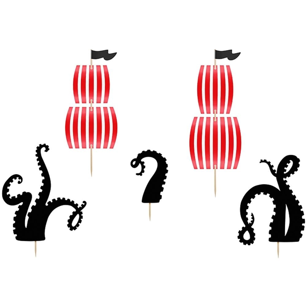 Partydeco - 5 Decorazioni Per Torta Nere E Rosse Pirati - Foto 1