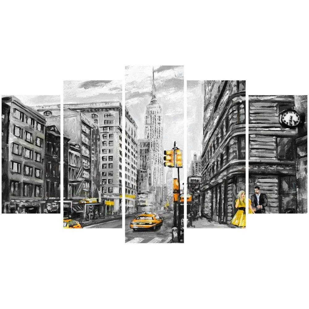 Quadro Ny, Decorazione Da Parete, Città E Paesaggi, 5 Pezzi, Da Soggiorno, Camera, Multicolore In Legno Di Pino, Poliestere, 100 X 3 X 60 Cm - Foto 1