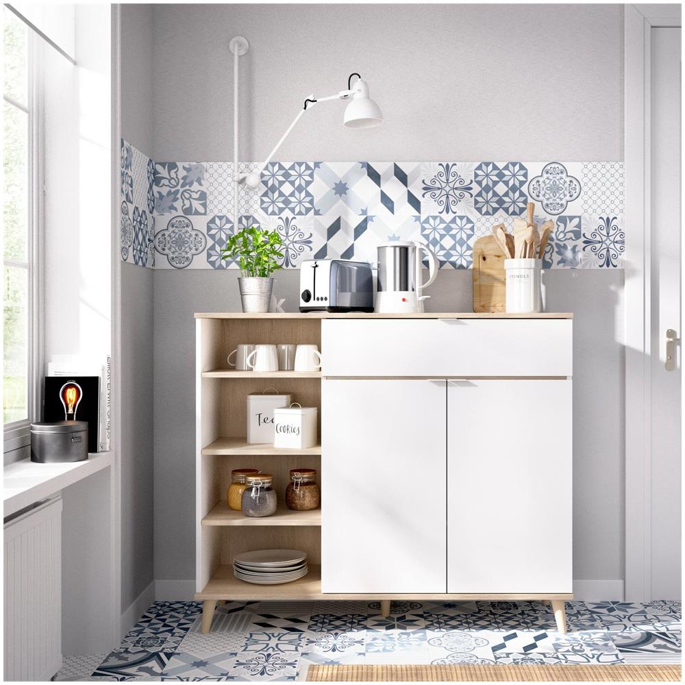 Credenza Sumbra, Buffet Dispensa Da Soggiorno, Madia Da Salotto Moderna A 2 Ante, 120x40h102 Cm, Bianco E Rovere - Foto 1