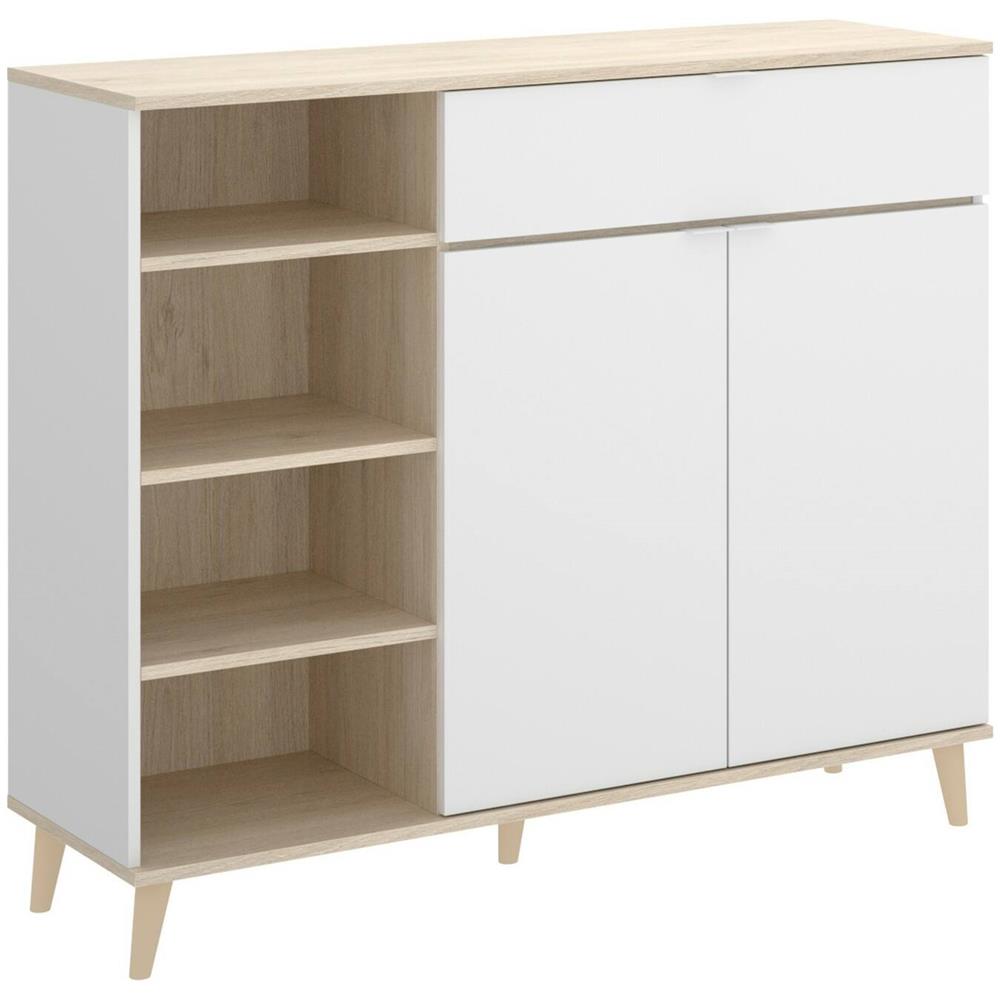 Credenza Sumbra, Buffet Dispensa Da Soggiorno, Madia Da Salotto Moderna A 2 Ante, 120x40h102 Cm, Bianco E Rovere - Foto 2
