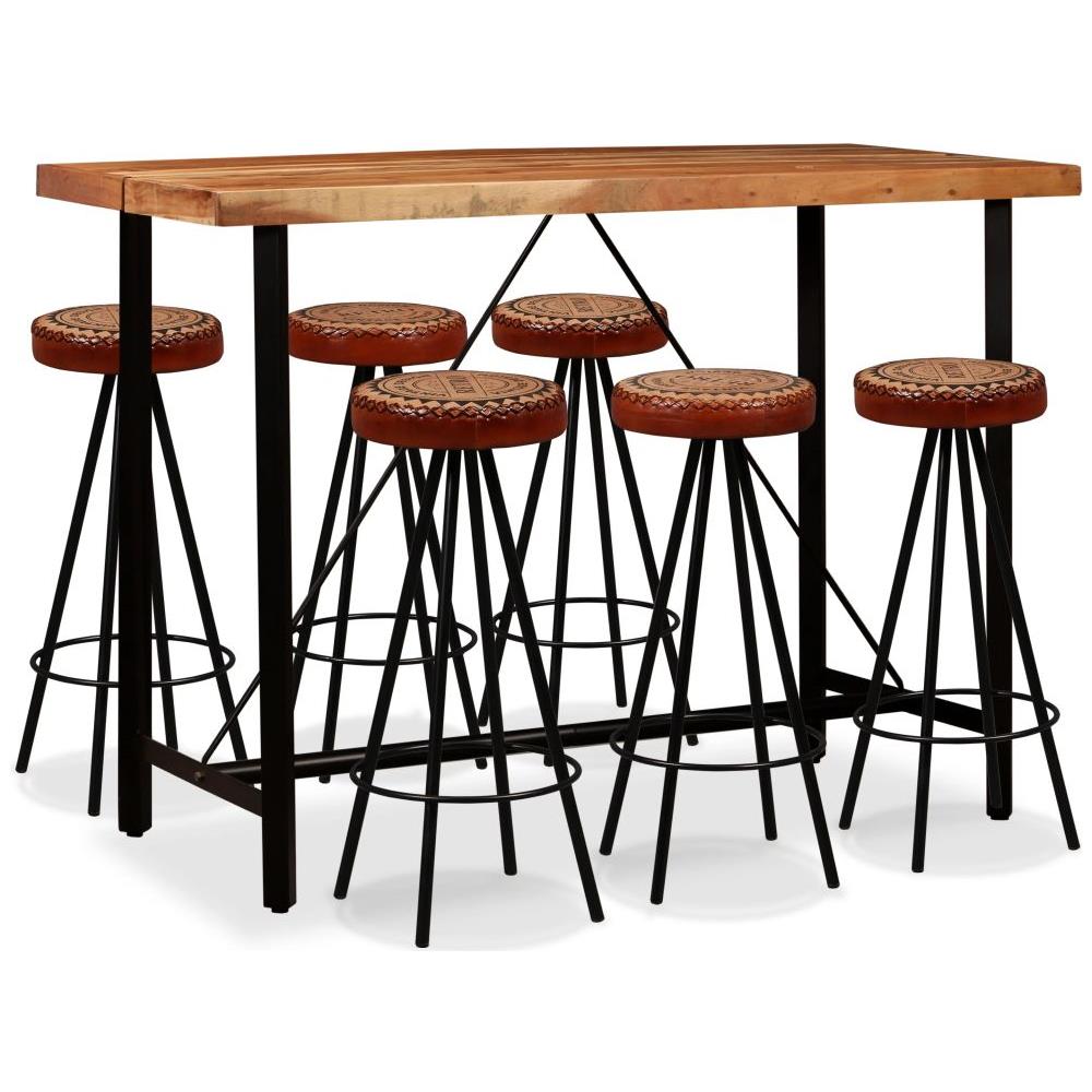 Set da Bar 7 pz in Legno Massello di Acacia Vera Pelle e Tela - Foto 1