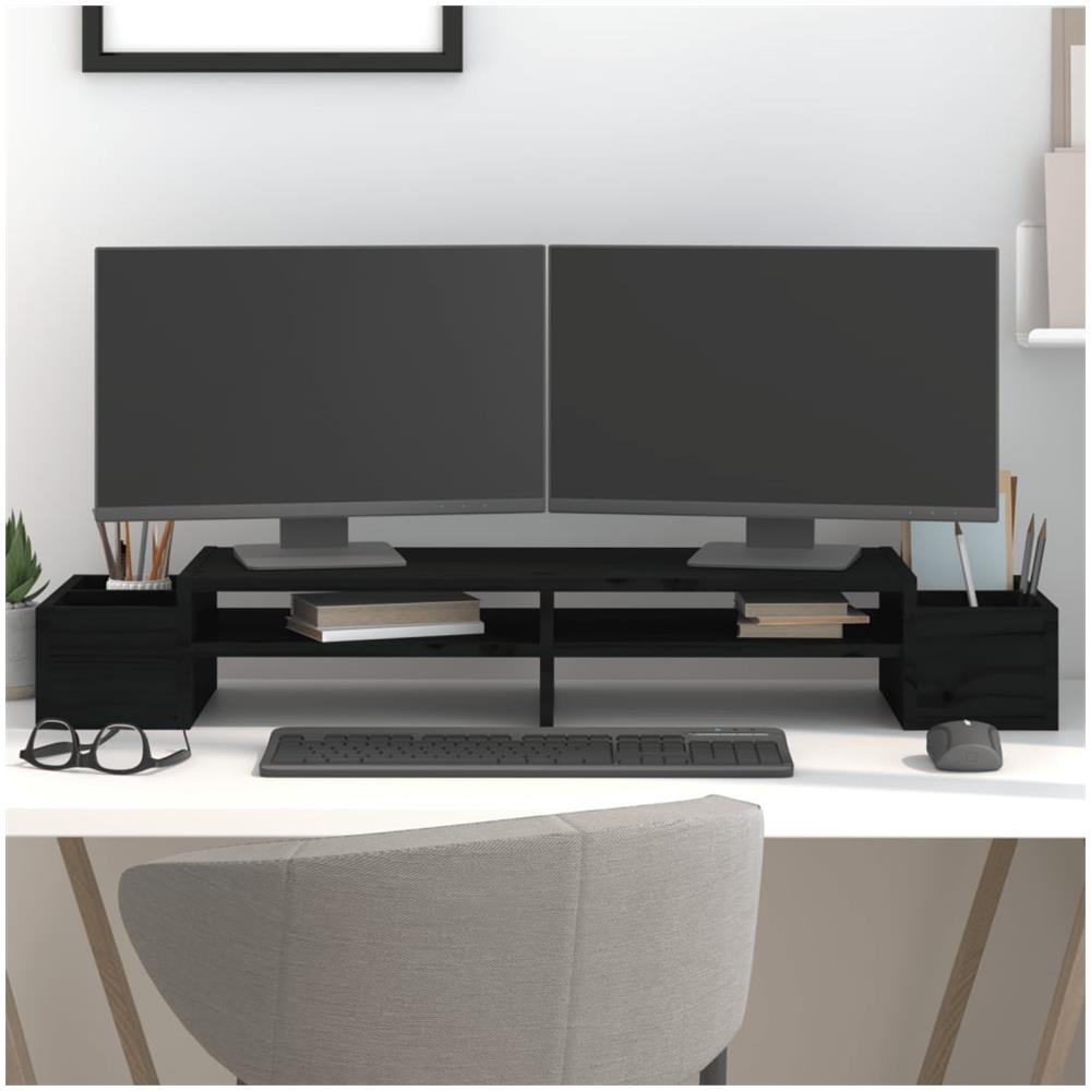 Supporto Per Monitor Nero 100x27,5x15cm Legno Massello Di Pino - Foto 1