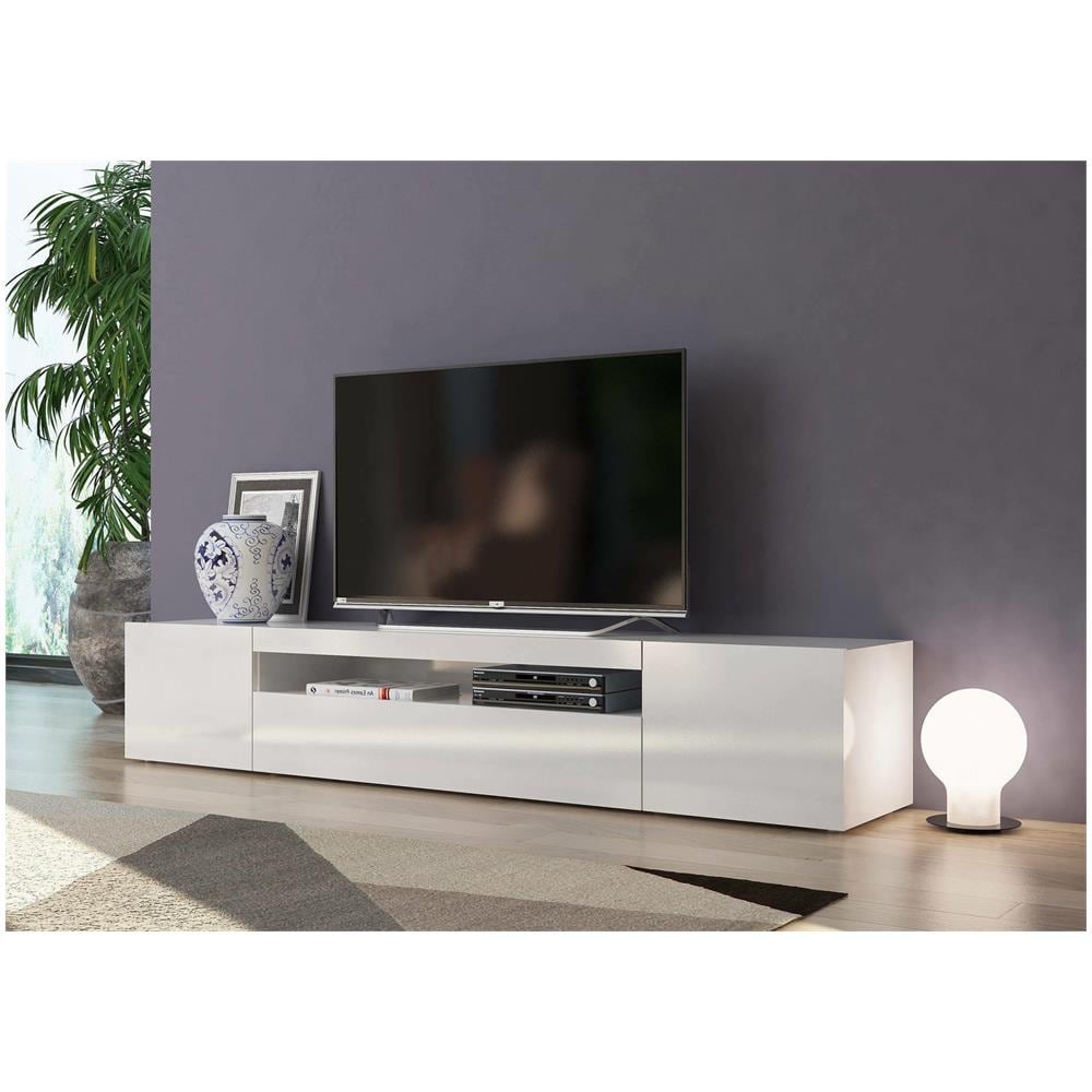 Mobile Porta Tv Jesse, Credenza Bassa Da Soggiorno A 3 Ante, Base Porta Tv, 100% Made In Italy, Cm 200x40h37, Bianco Lucido - Foto 1