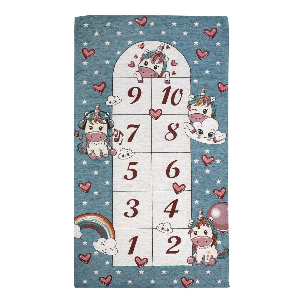 Tappeto Arredo E Gioco Antiscivolo Per Cameretta Bambini Disegno Unicorni 80x150 Azzurro Topazio - Foto 1