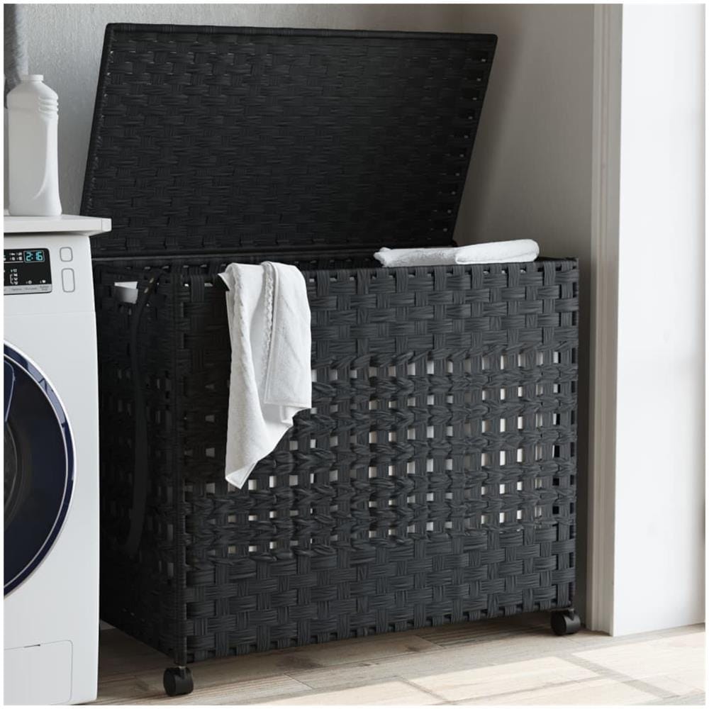 Cesto Portabiancheria Con Ruote Nero 66x35x60 Cm Rattan - Foto 1