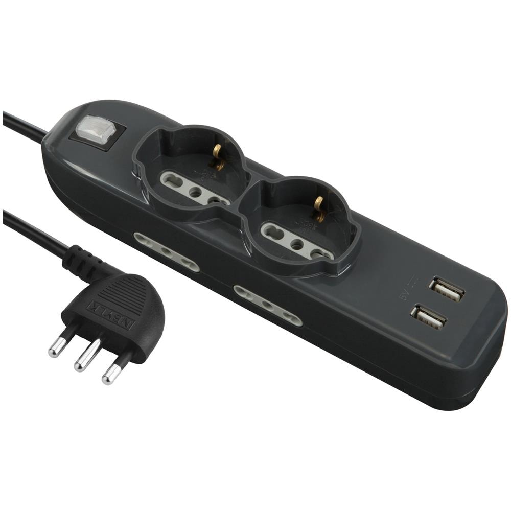 62095 Multipresa 6 posti 2 polivalenti (schuko +10/16A) 4 bivalenti (10/16A) 2 Prese USB - cavo 1,5 m nero - Foto 1