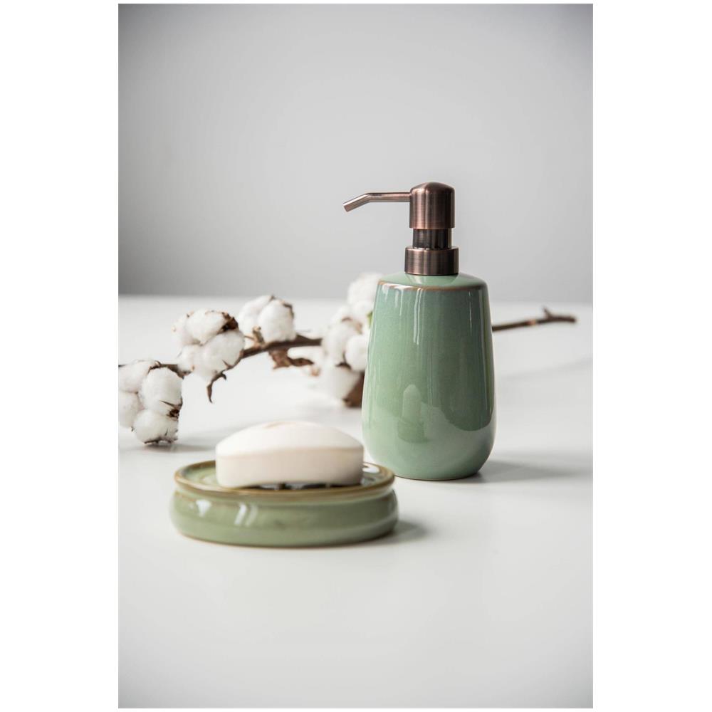 Dispenser Di Sapone Liquido Sirmione, Ceramica, Verde Con Bordo In Rame, 430 Ml, - Foto 2