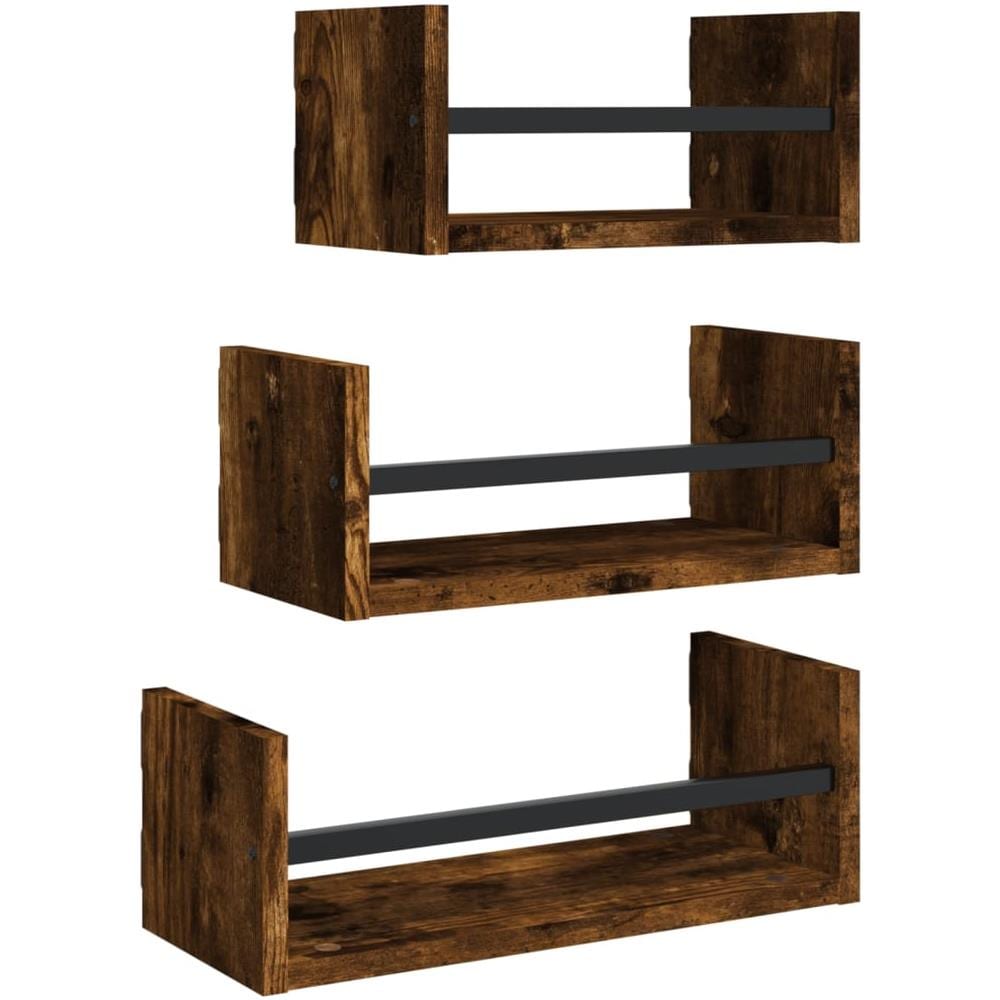 Set Mensole Parete Con Aste 3pz Rovere Fumo Legno Multistrato - Foto 2