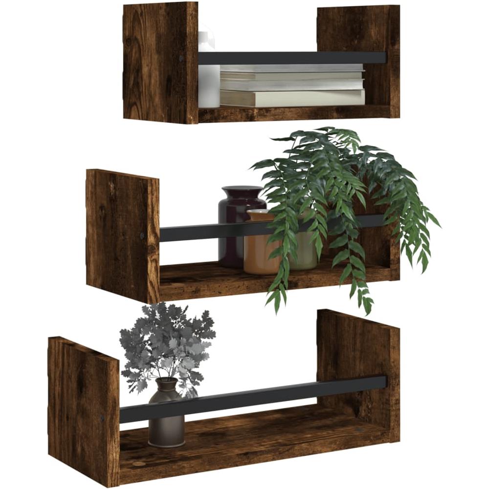 Set Mensole Parete Con Aste 3pz Rovere Fumo Legno Multistrato - Foto 3