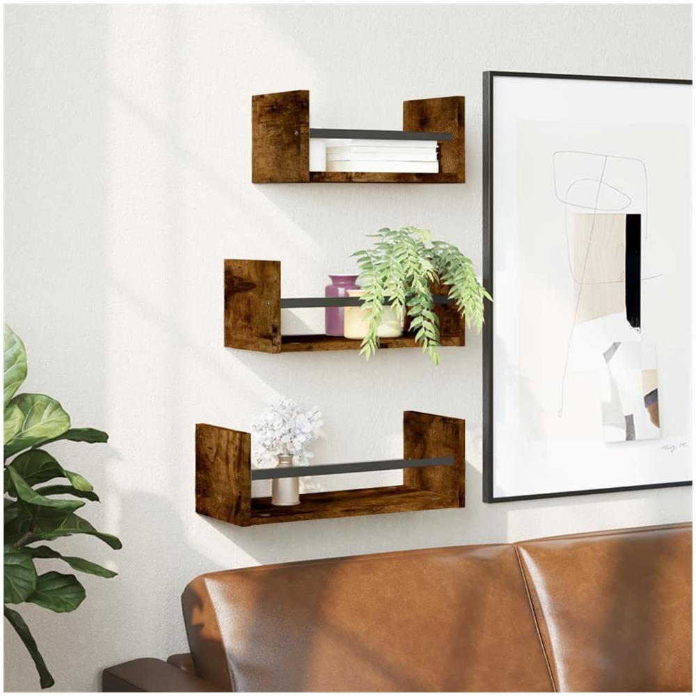 Set Mensole Parete Con Aste 3pz Rovere Fumo Legno Multistrato - Foto 1