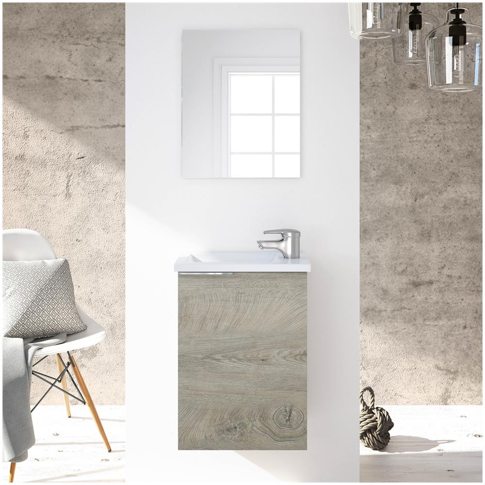 Mobile sottolavabo Peoria, Mobiletto per bagno sospeso, Armadio a 1 anta e specchio, cm 40x22h58, Rovere - Foto 2