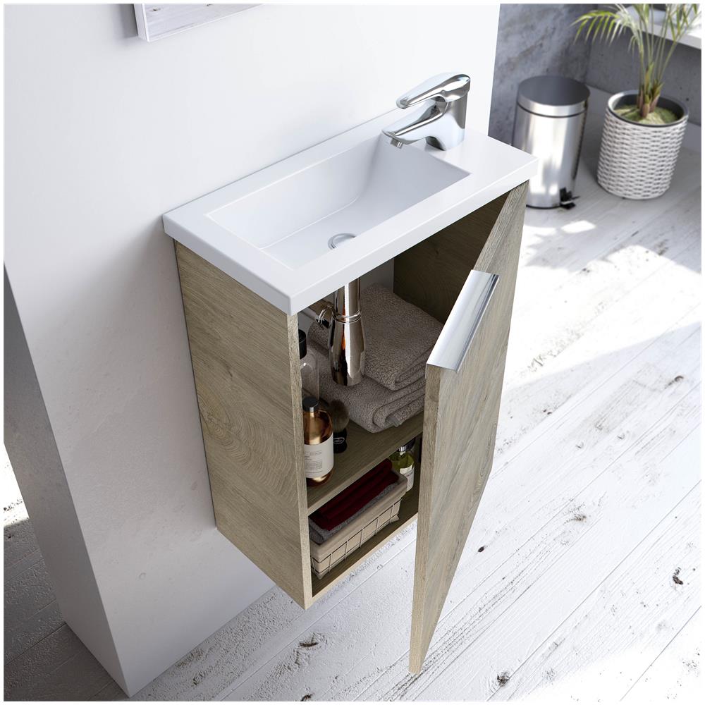 Mobile sottolavabo Peoria, Mobiletto per bagno sospeso, Armadio a 1 anta e specchio, cm 40x22h58, Rovere - Foto 3