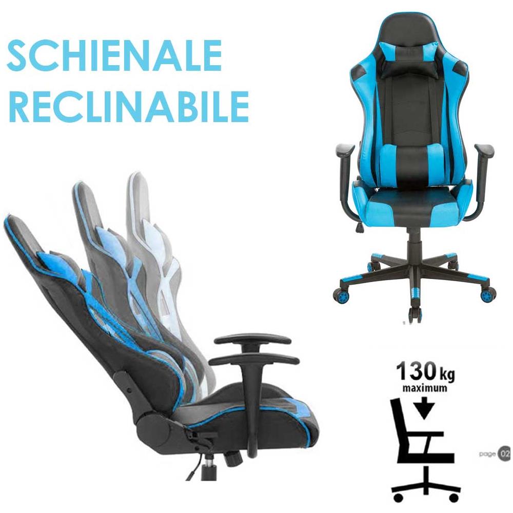 Sedia Poltrona Gaming Scrivania Ufficio Casa Reclinabile Girevole Direzionale Blu - Foto 2