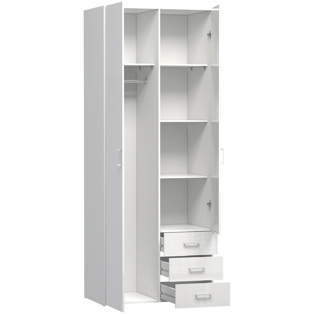 Guardaroba, A Due Ante E Tre Cassetti, Colore Bianco Lucido, Cm 77.6 X 200.4 X 49.5 - Foto 1