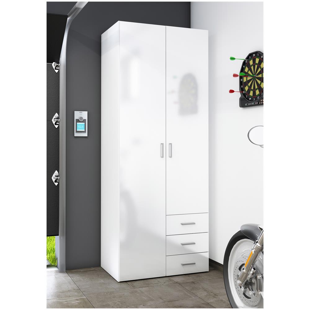 Guardaroba, A Due Ante E Tre Cassetti, Colore Bianco Lucido, Cm 77.6 X 200.4 X 49.5 - Foto 2