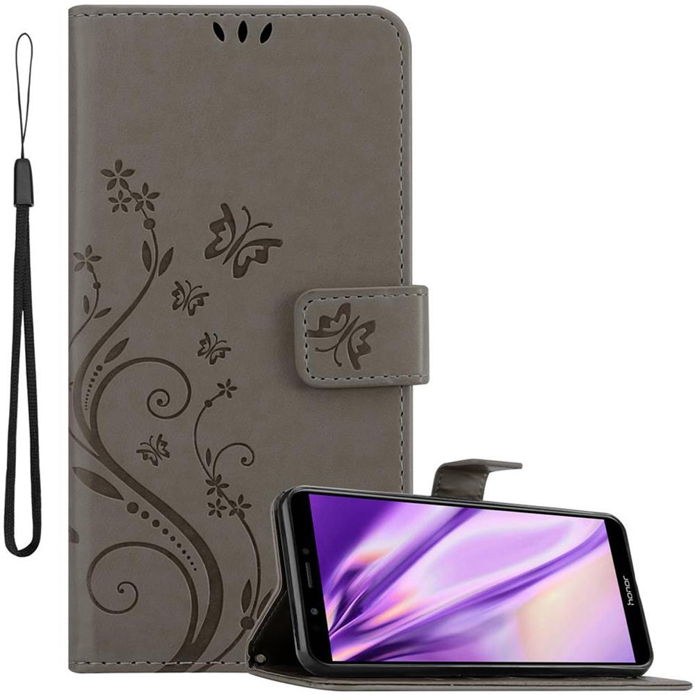 Custodia Compatibile Con Honor 7c In Grigio Fiore - Coperchio Protettivo In Design Floreale Con Chiusura Magnetica, Funzione Stand E Slot Per Carte - Foto 1