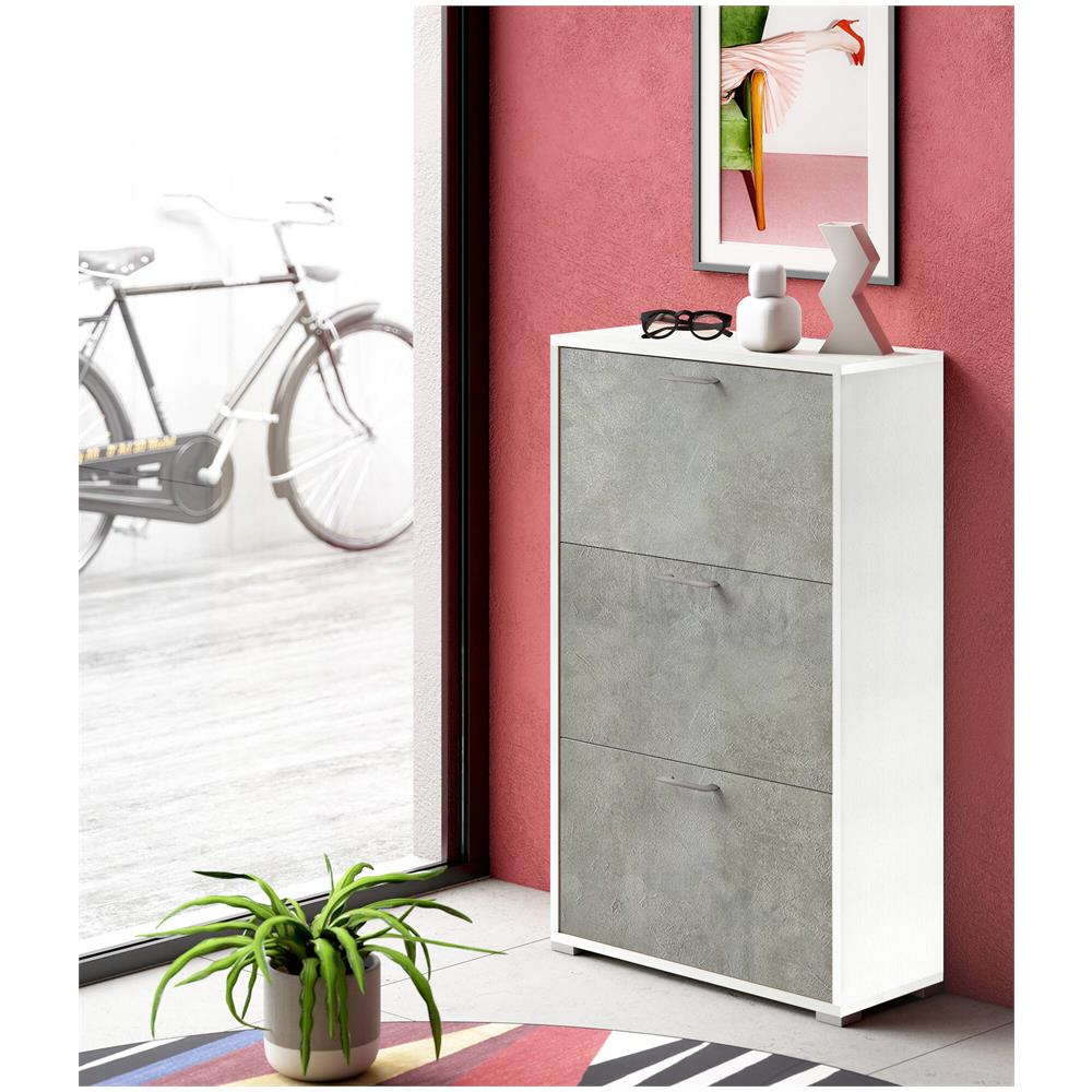 Scarpiera Peonia, Mobile Multiuso Da Ingresso Con 3 Ante A Ribalta, Armadietto Portascarpe A Doppia Profondità, 100% Made In Italy, 67x28h112 Cm, Bianco E Cemento - Foto 1